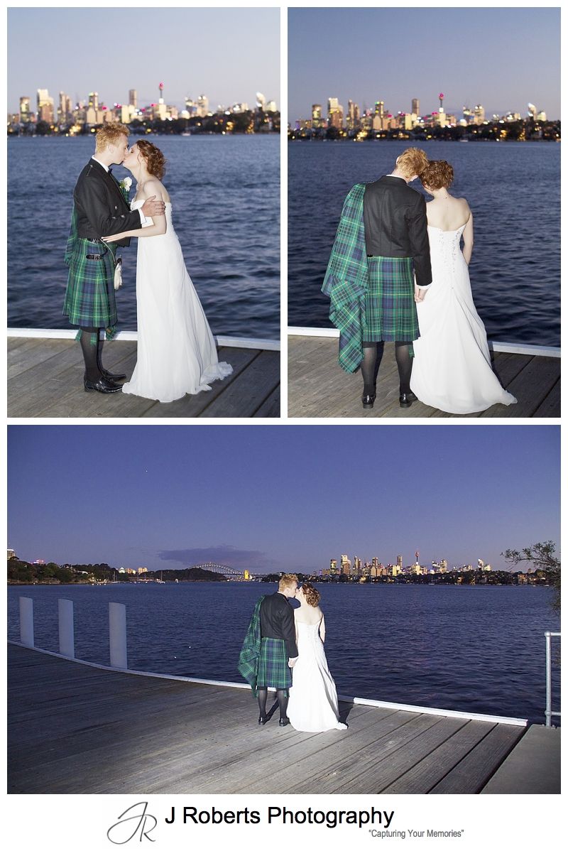 Sunset photographs of bridal couple on the pier at woolwich - Sydney wedding photographer 